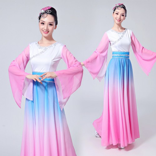 Women's traditional Chinese folk dance dresses ancient for female pink blue gradient fairy yangko fan dance dresses costumes